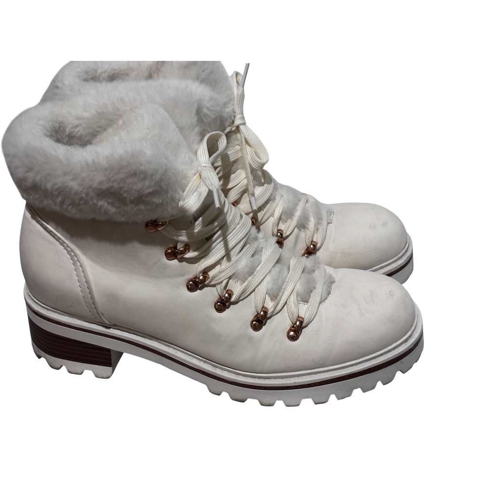 Bamboo Womens White cream Faux Fur Trim Lace Up Lug Sole Winter Combat Boots 10